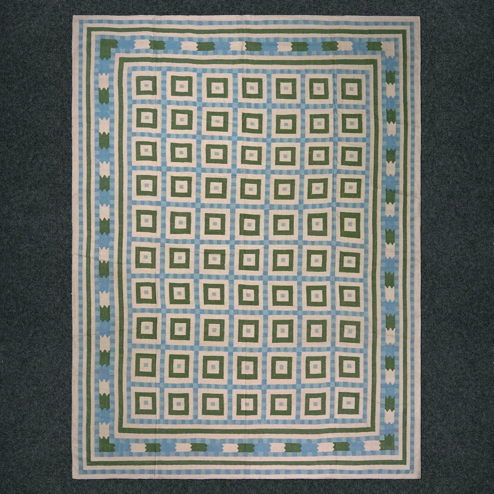 Modern Handmade Cotton Dhurrie Rug Color Blue, Beige and Green Design Carpet Rug