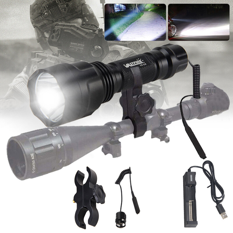 50000LM Rechargeable LED Hunting Flashlight Tactical Gun Light Rail Mount Torch