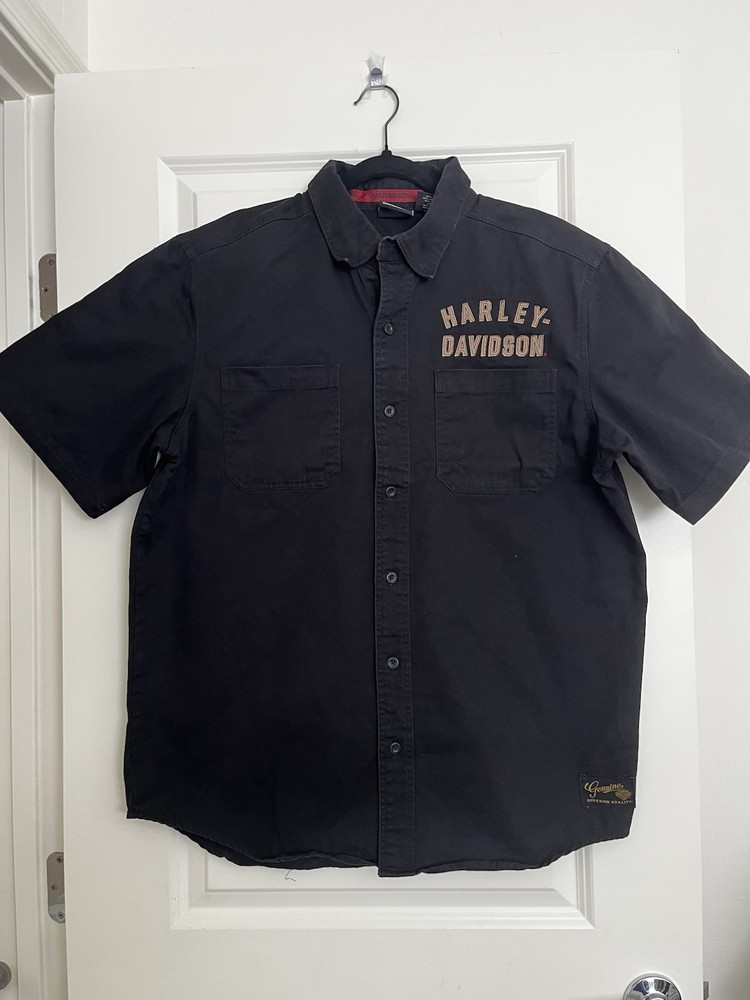 Harley Davidson Button Up Shirt Mens Large Black Short Sleeve Logo Graphic