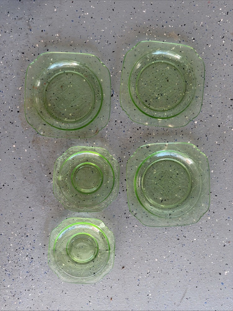 Green Depression Glass China Set Of 5 Plates