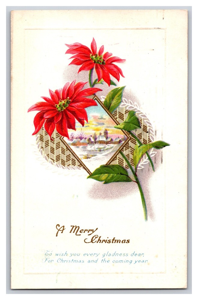 Vintage 1923 A Merry Christmas Poem With Poinsettias Embossed Postcard