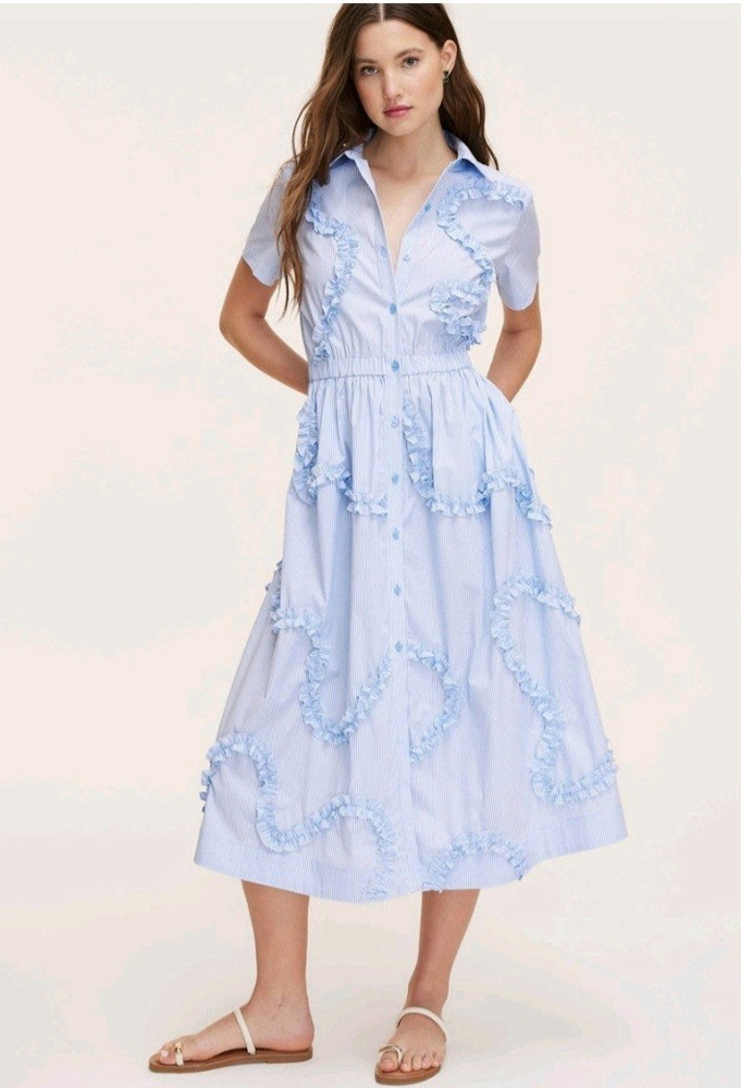 kate spade new york M Blue/White Striped Collared Ruffle Button Midi Dress