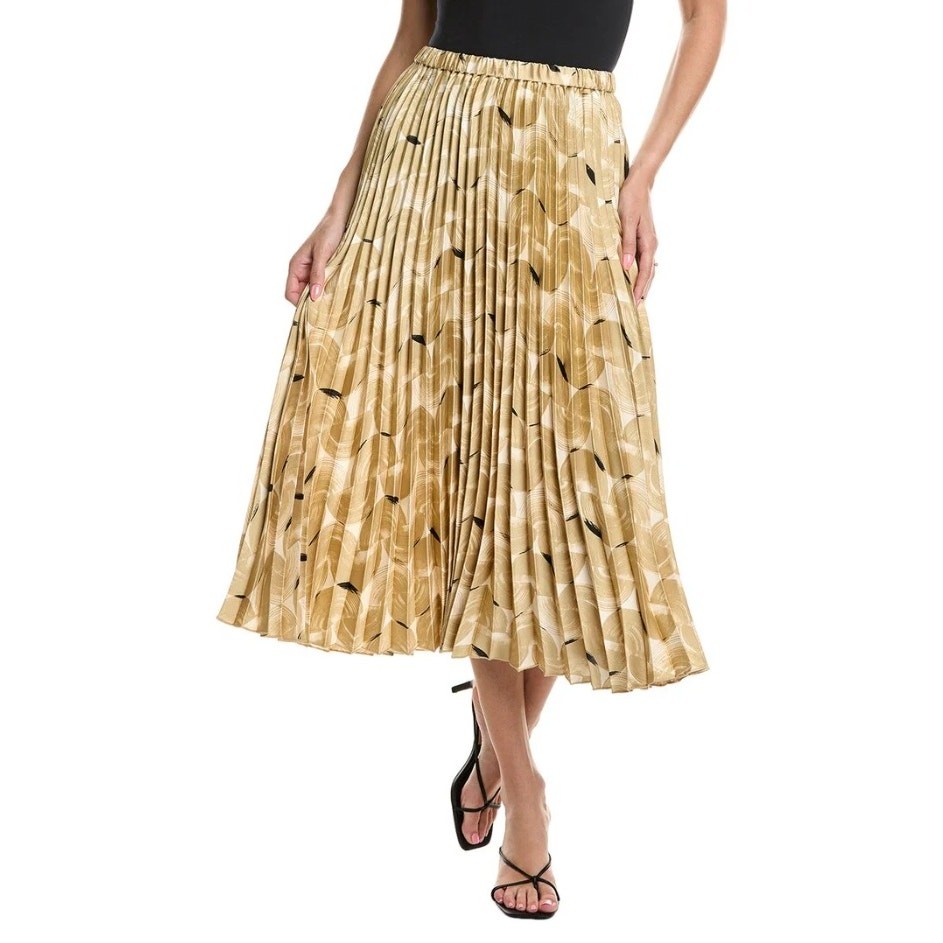 Anne Klein Beige Printed Satin Classic Casual Pull-On Pleated Midi Skirt Size M