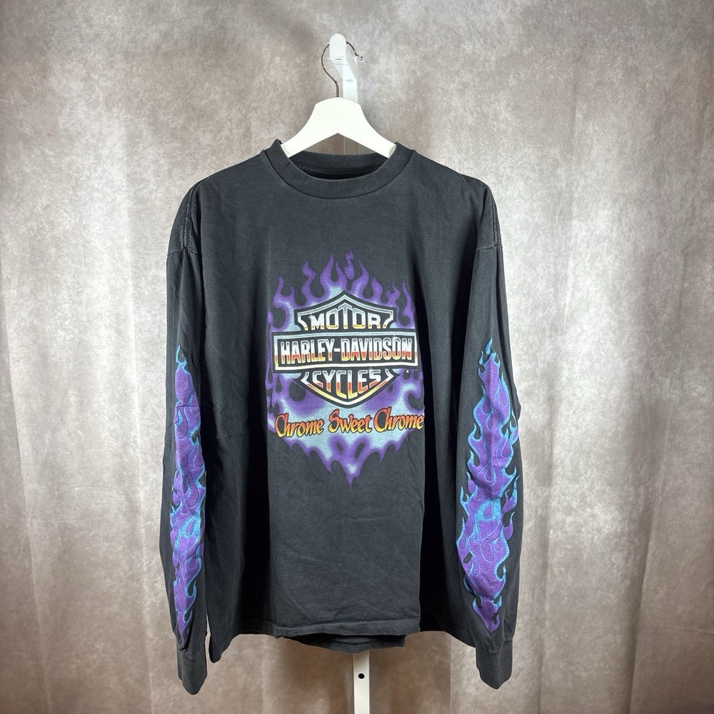 RARE - Vintage Style 90s Sweet Chrome Purple Flame Harley Longsleeve BOOT Shirt