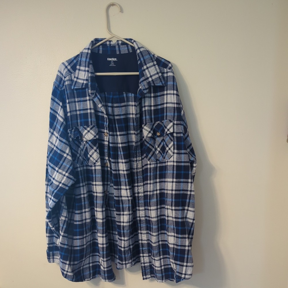 King Size Men's Blue Plaid Flannel Shirt Long-Sleeve BIG AND TALL size 3XL Tall