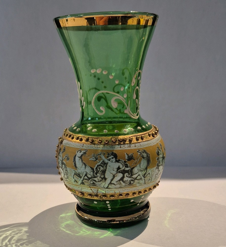 Vintage Hand Painted Italy  Green Glass Vase