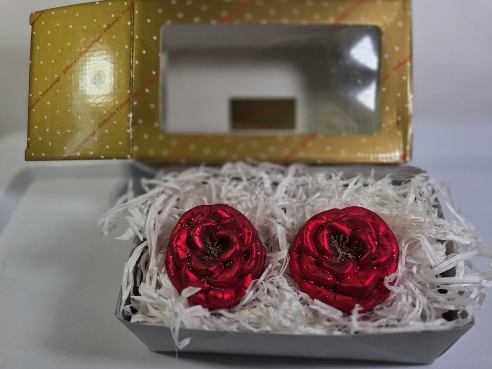 NEW Beautiful Christmas Ornament Red Rose  Set 2  Dillard’s Trimmings W/Tags