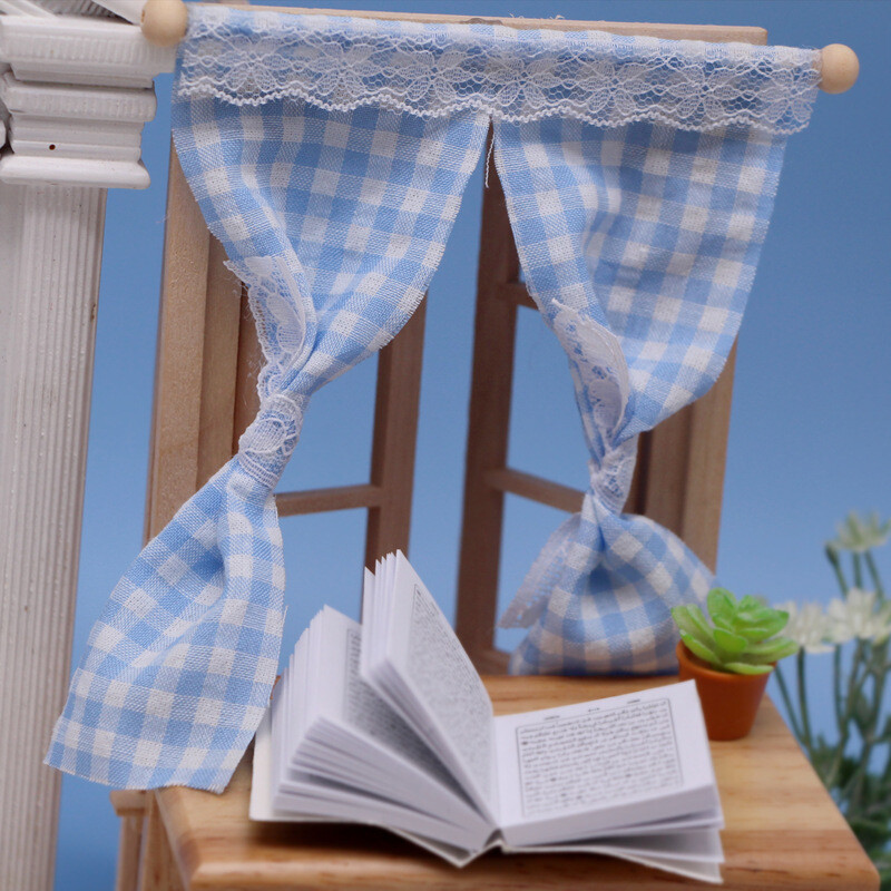 DollHouse Miniature Door Curtain Mini Plaid Curtain Accessories 1: 12 Scale