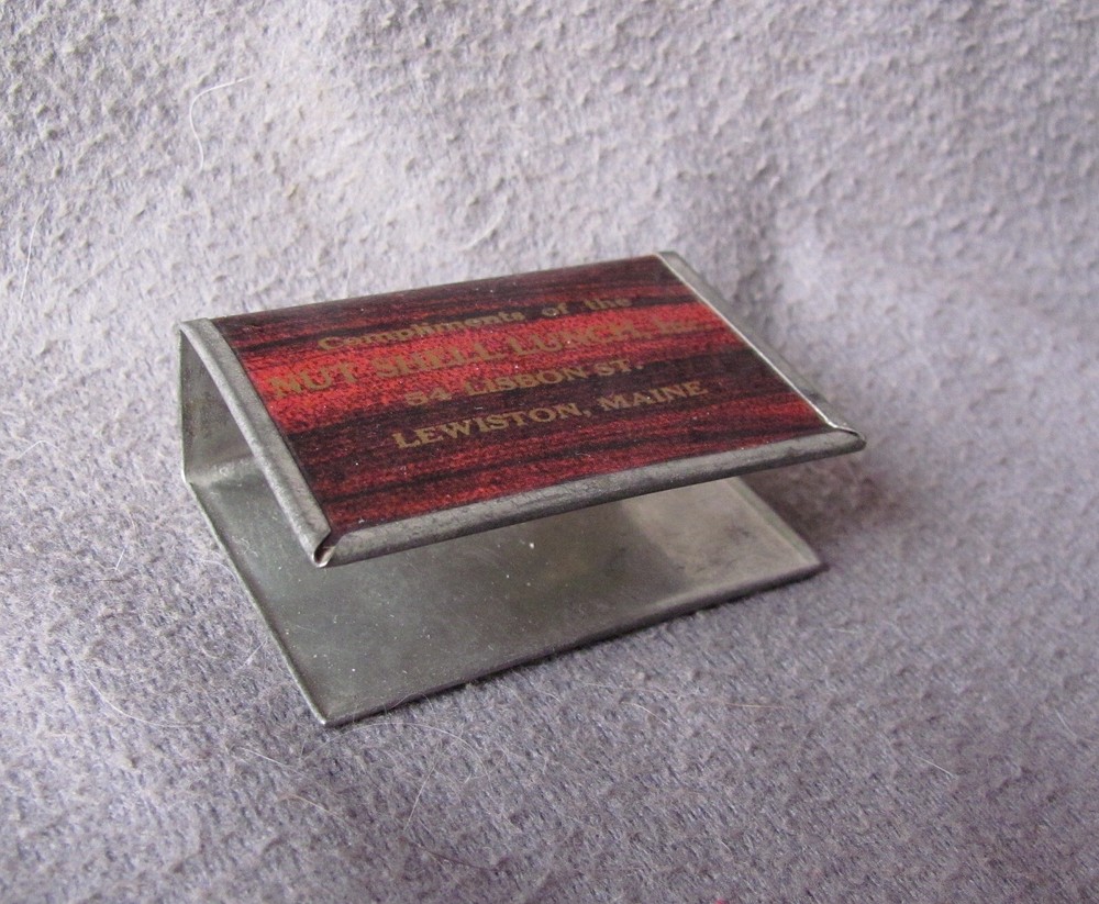 Lewiston ME Diner Tin Advertising Pocket Matchbox Holder Nut Shell Lunch