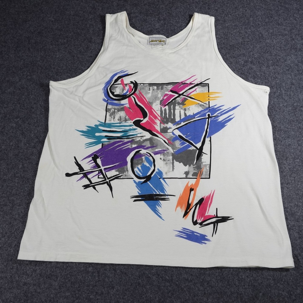 Vintage Jacques Moret Abstract Graphic Tank Top White Mens Small Made in USA-image