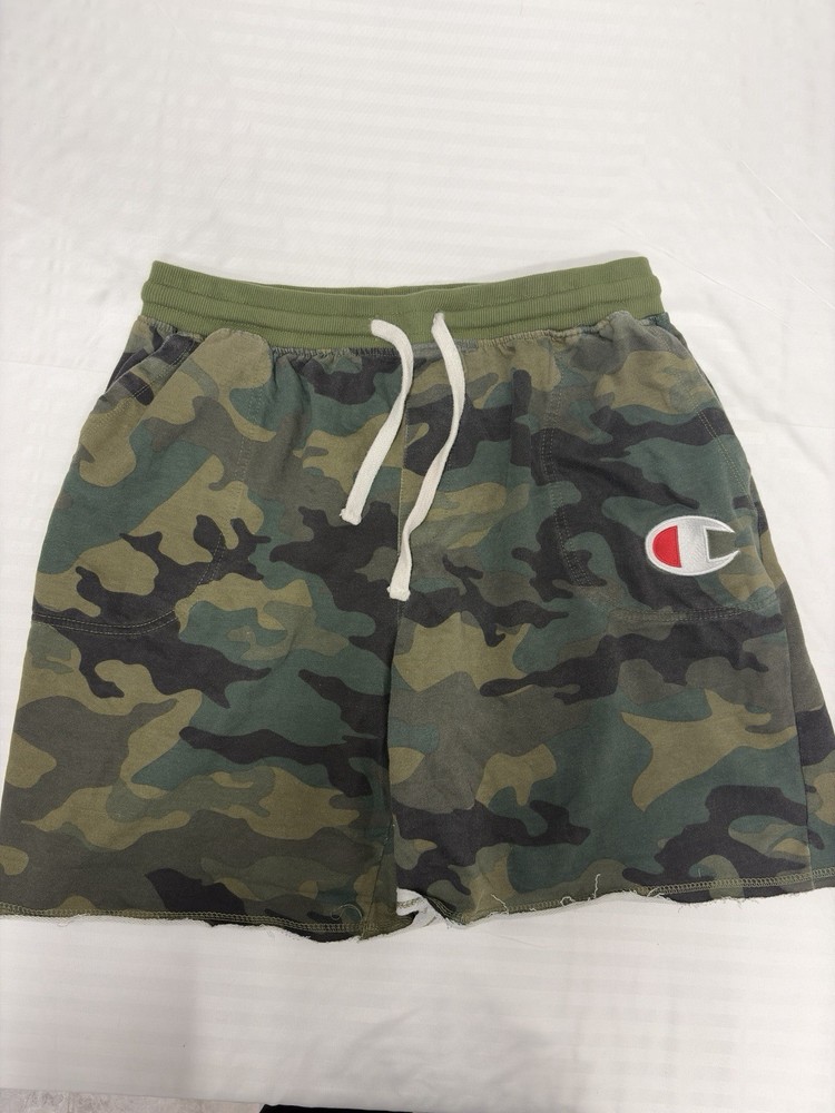 Champion Sweat Shorts Mens 1XL Green Camouflage Elastic Waist Athletic Big Logo