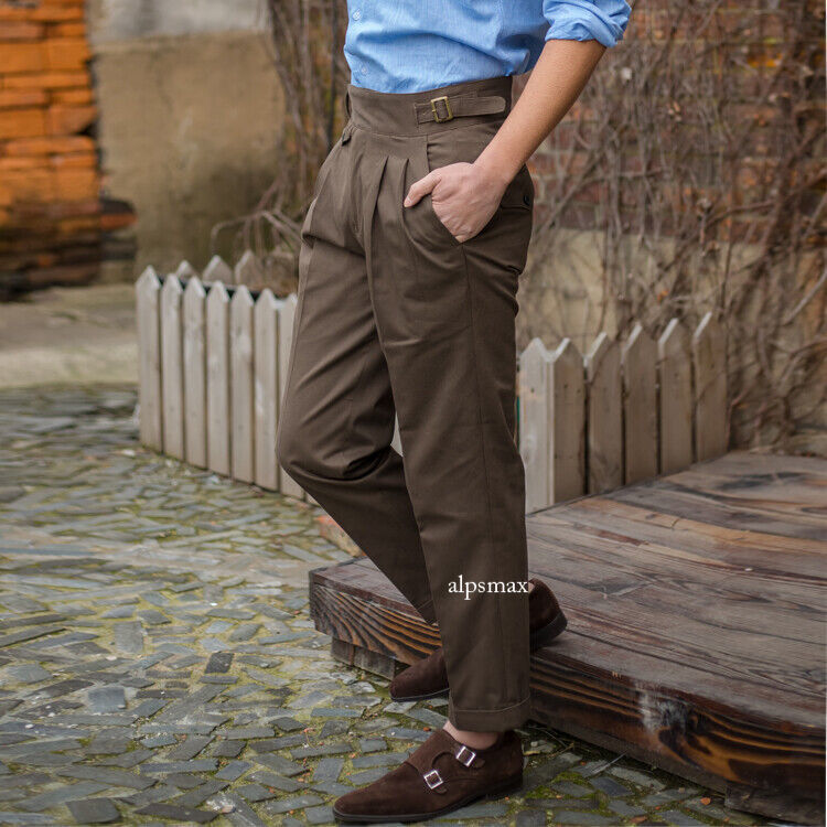 Men Summer Fall Retro Mid Old Pants Casual Trousers Straight High Waist Gurkha