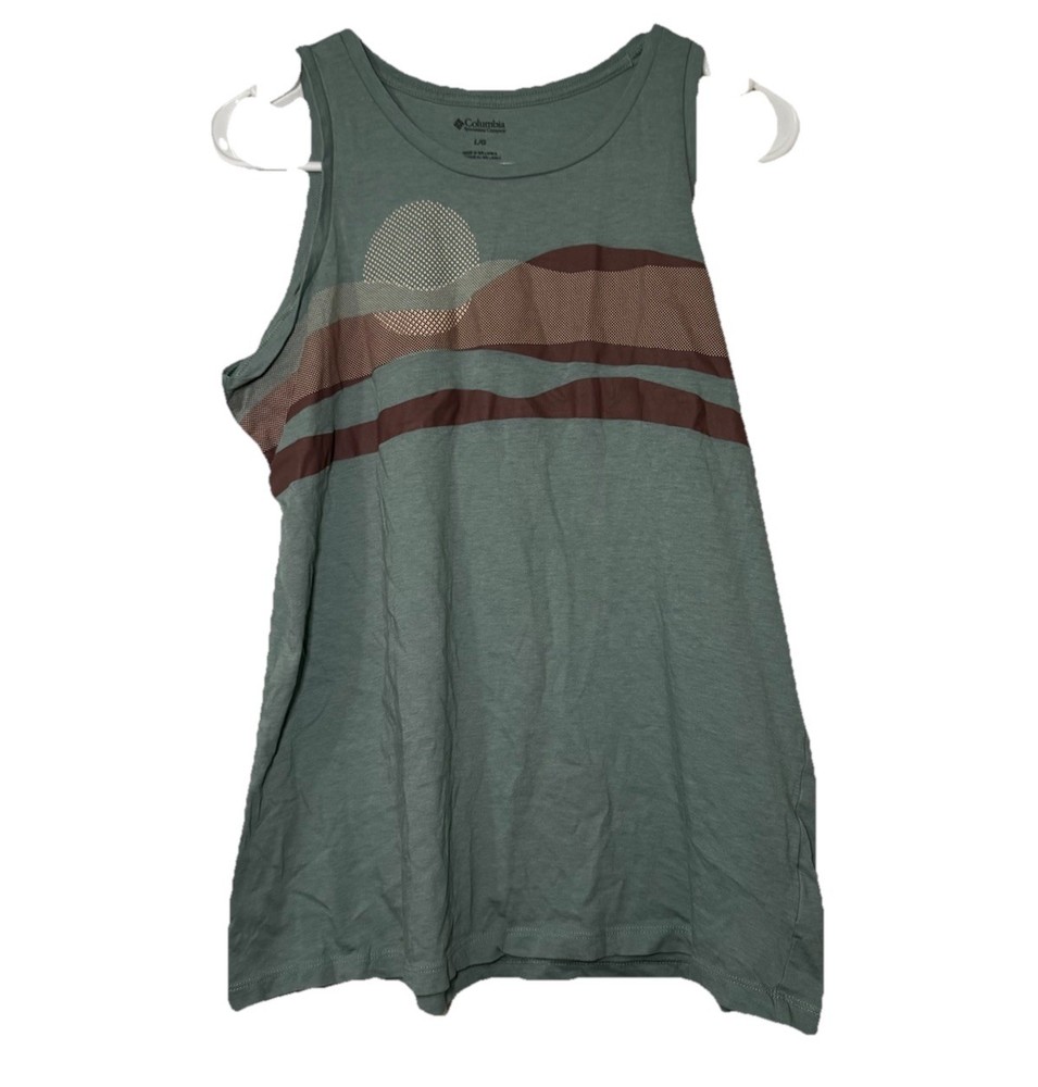 Columbia Women's Size L Sage Green Tank Top Mountain Sun Graphic Hiking Active