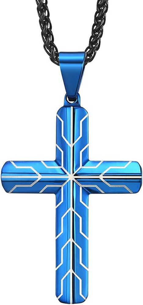 Black Blue Cross Men's Necklace 316L Stainless Steel Titanium Crucifix