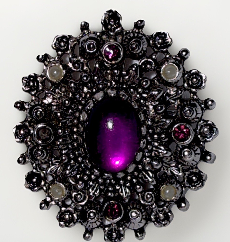 Sarah Coventry Vintage Signed Brooch Purple Cabochon Rhinestone Pearl Silver