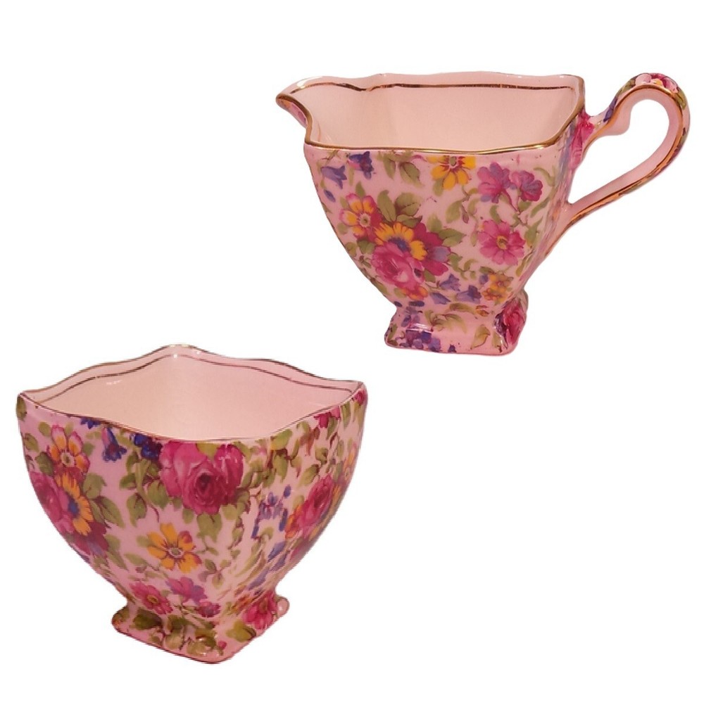 Royal Winton Grimwades Old Cottage Floral Sugar Bowl & Creamer Set w/ Gold Trim