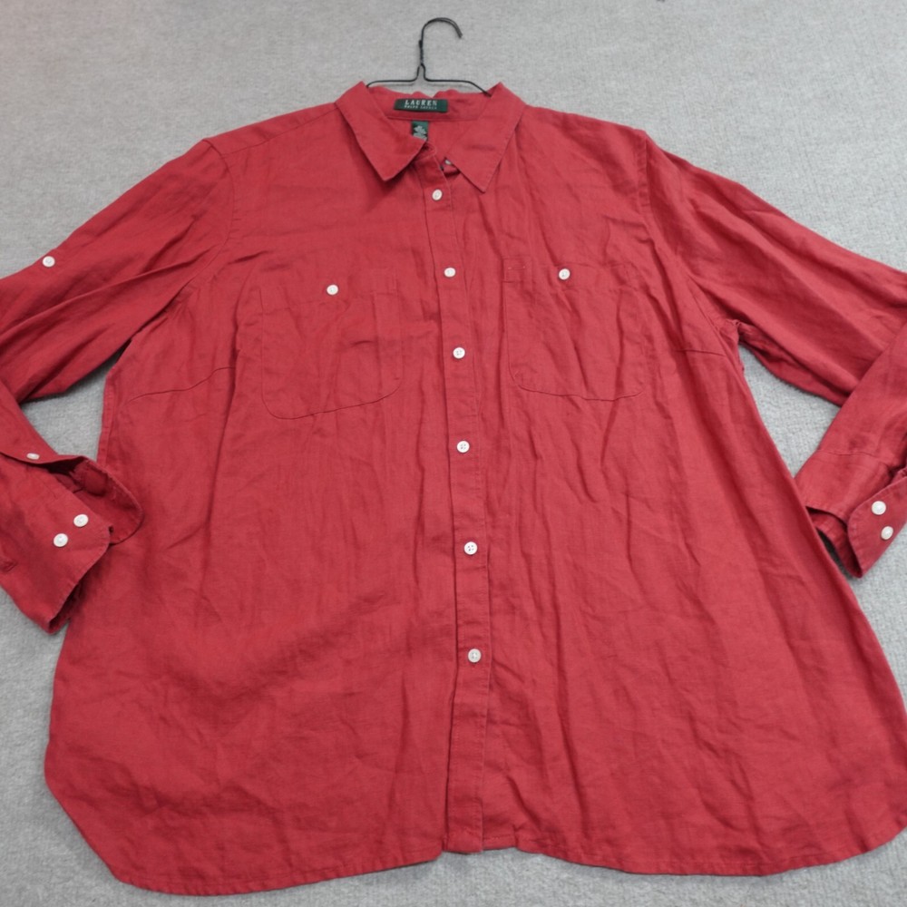Lauren Ralph Lauren Shirt 2X Red 100% Linen Solid Tab Sleeves