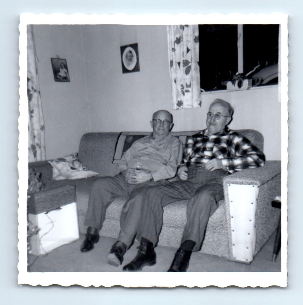 Old Vintage Square Photo PAIR OLDER MEN SITTING ON COUCH SOFA SNAPSHOT