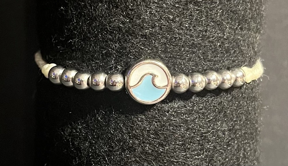 Pura Vida Bracelet Cream Braided Cord Silver Beads & White/Aqua Wave Charm