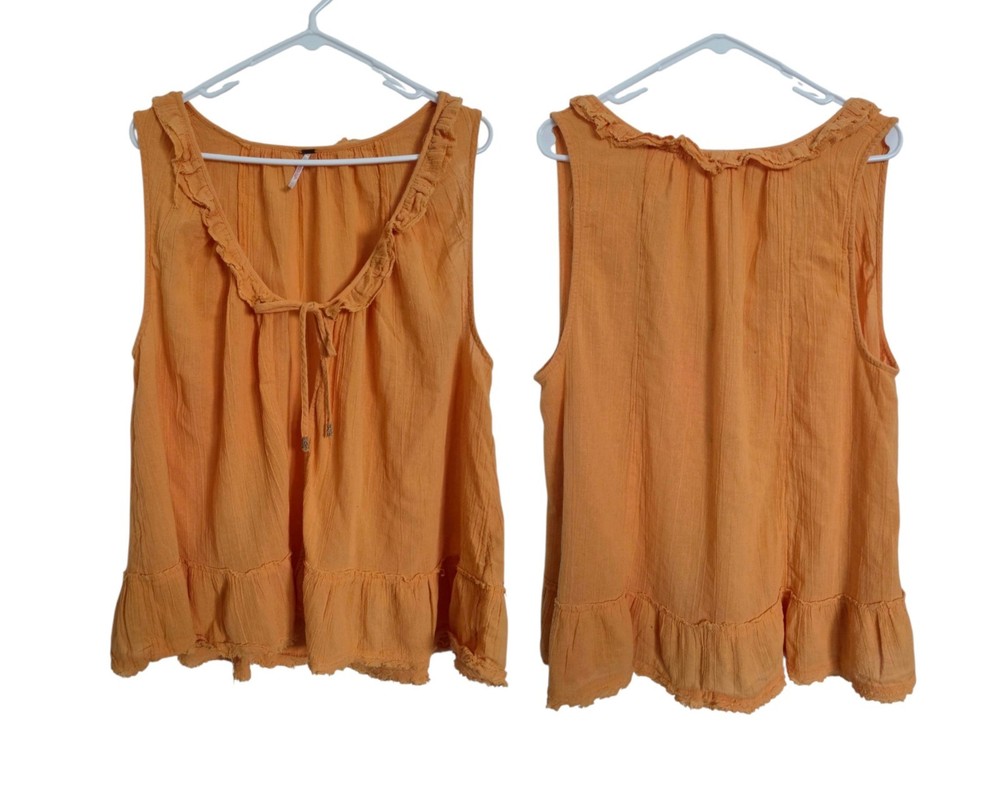 Free People Orange Cotton Gauze Tie-Front Boho Peasant Tank Top L Beach Layering
