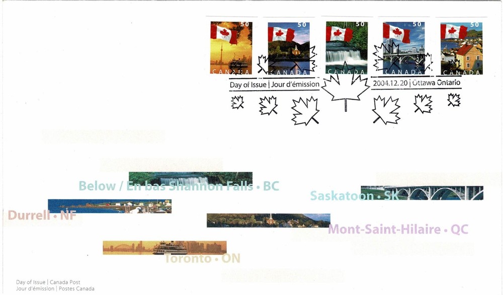 CANADA 2004 5 x 50c SELF ADHESIVE DEFINITIVES FLAGS OFFICIAL FIRST DAY COVER