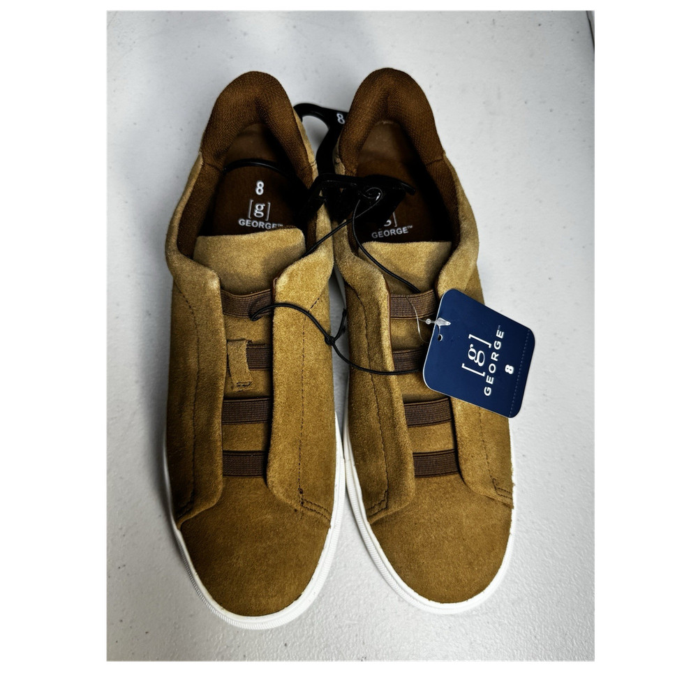 George Men's Brown Leather Slip-On Sneakers Elastic Laces Easy On US 8