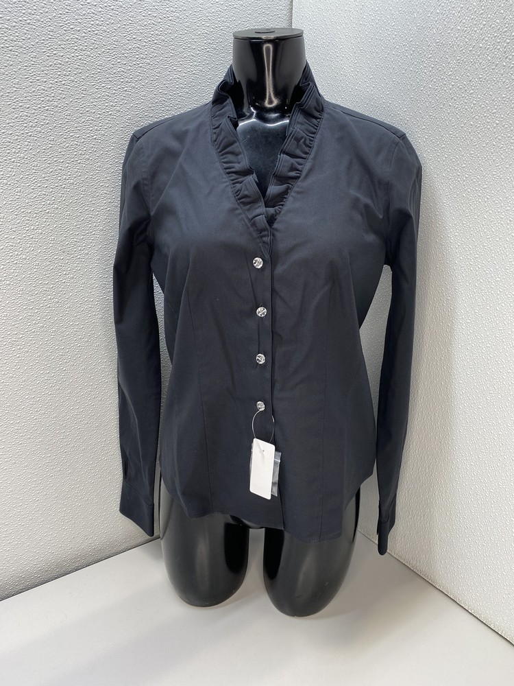 Brooks Brothers Womens Blouse Shirt Black Size 4 Fitted Long Sleeve Ruffle Neck