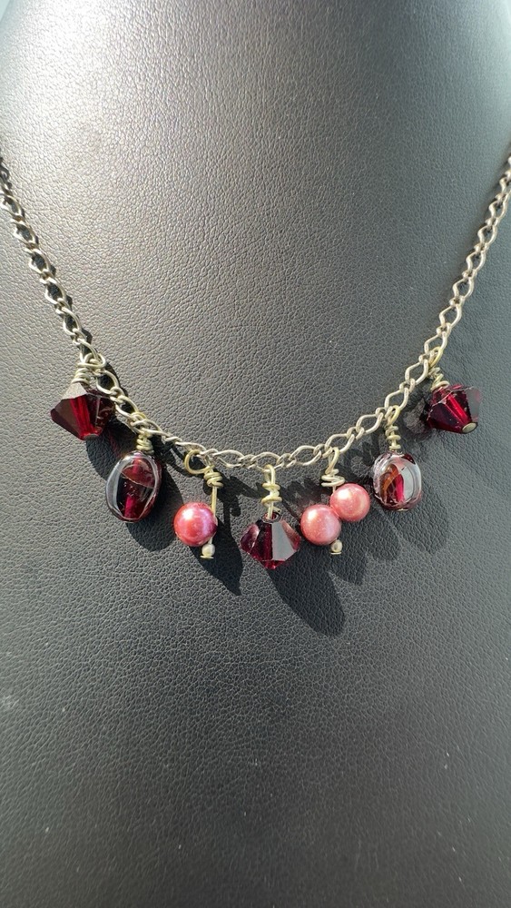 Pink Freshwater Pearl, Garnet & Crystal Sterling Silver 925 Necklace 18”