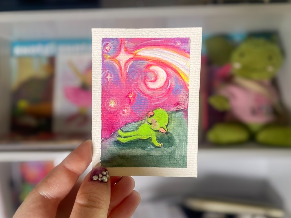 ACEO Original Goblin Stargazing Shooting Star Kawaii Watercolor Shimmer Painting