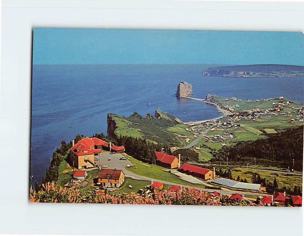 Postcard Aerial View Perce Village & Perce Rock Quebec Canada