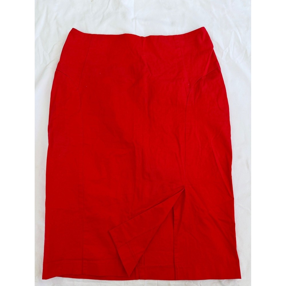 New York & Company Red Stretch Cotton Pencil Skirt Size 10 Midi Front Slit