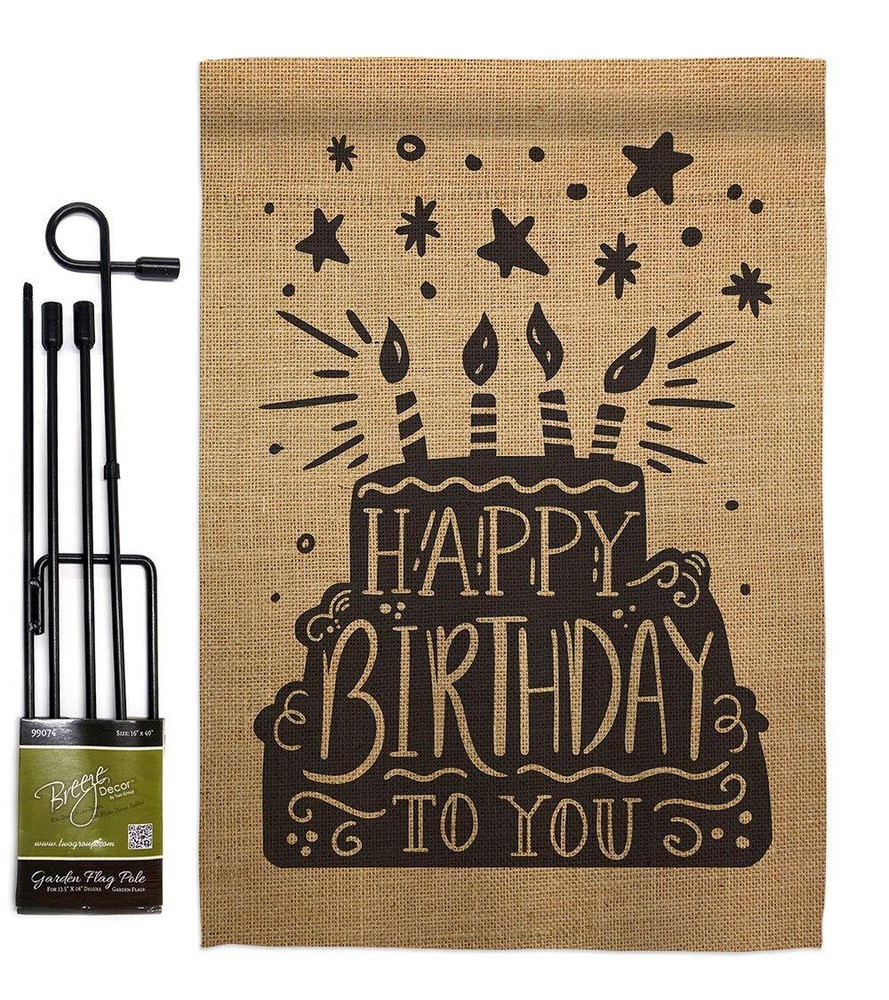Happy Birthday Garden Flag Set with Stand and Cake Design for Celebrations