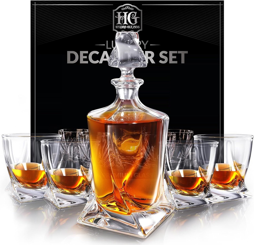 Whiskey Decanter Set for Men with 4 Drinking Glasses 01 Twisted Glass SET