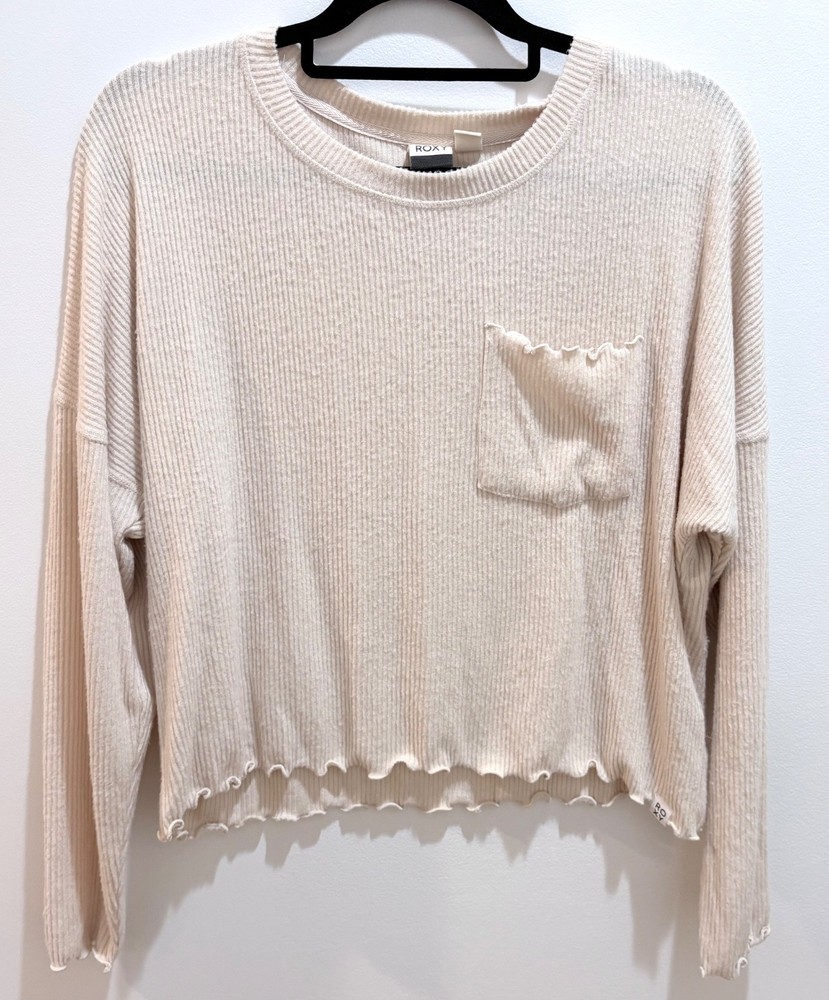 Roxy Cozy Day Rib Knit Top Size M Relaxed Fit Semi-Cropped Tapioca Ivory Cream