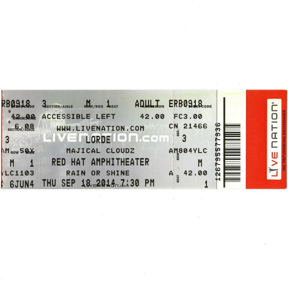 LORDE & MAJICAL CLOUDZ Concert Ticket Stub RALEIGH NC 9/18/14 RED HAT ROYALS