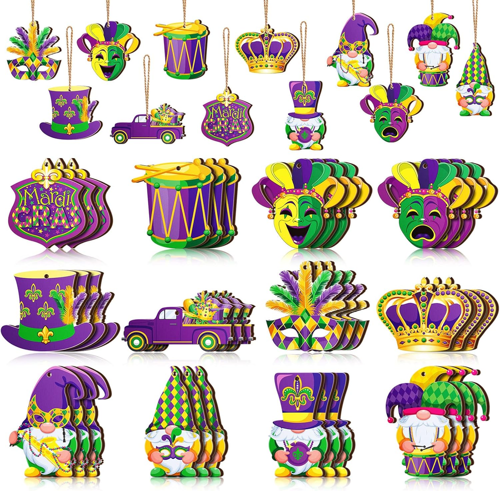 36 Pcs Mardi Gras Decorations Mardi Gras Wooden Ornaments Purple Yellow Green Ha
