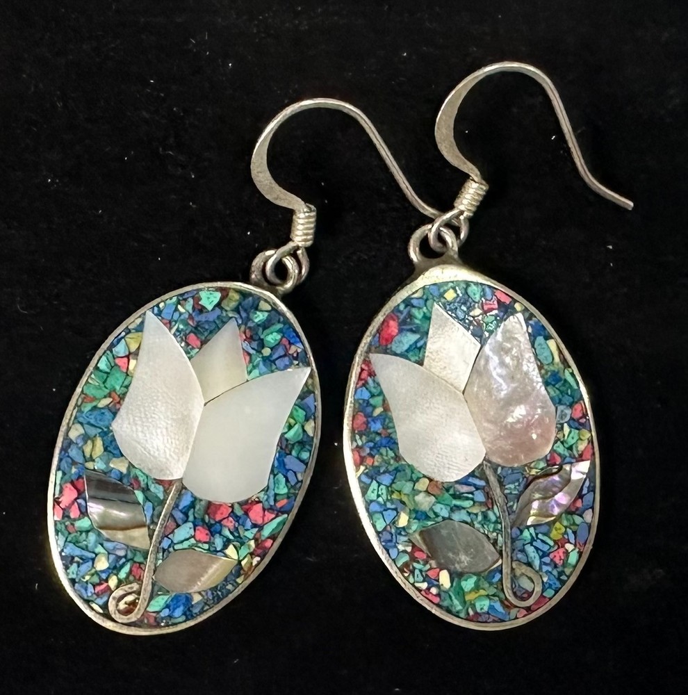 Signed ALPACA MEXICO Tulip Inlay Vintage Silver Tone Earrings Jewelry Lot I