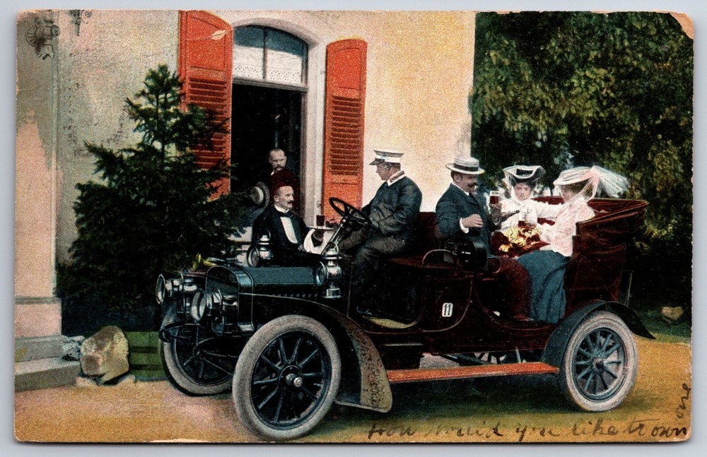 Vintage Automobile w/ Chauffeur~Rich Party in Back Seat~Serve Drinks~1907
