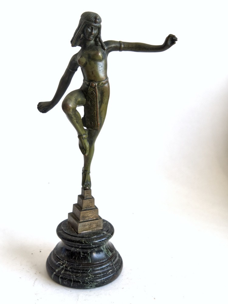 Antique Art Deco Bronze Dancing Woman Statue in Egyptian Style