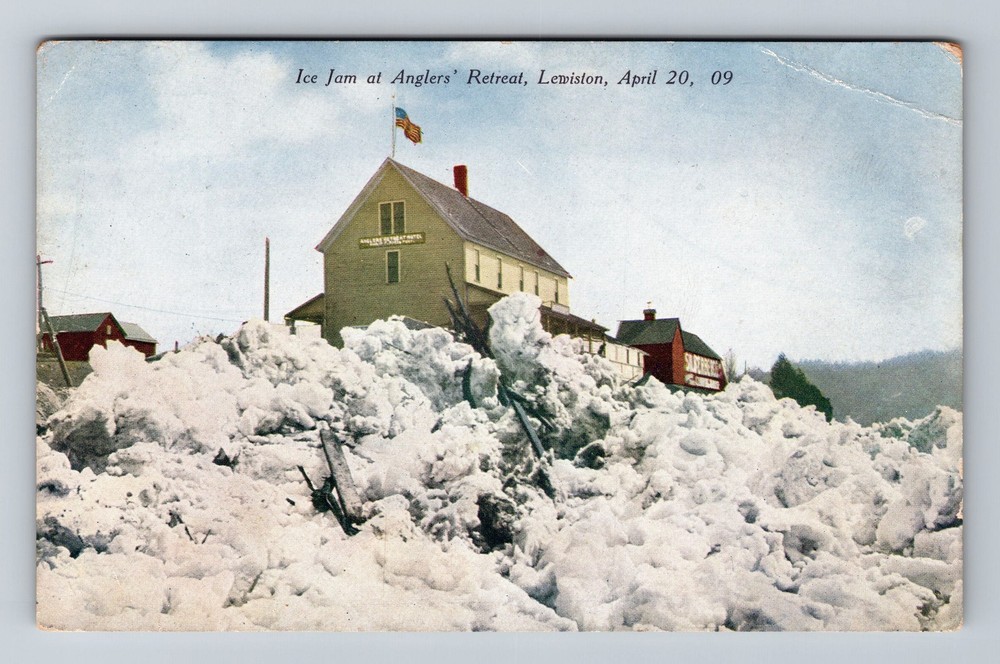 Lewiston ME-Maine Ice Jam At Anglers Retreat Vintage Postcard
