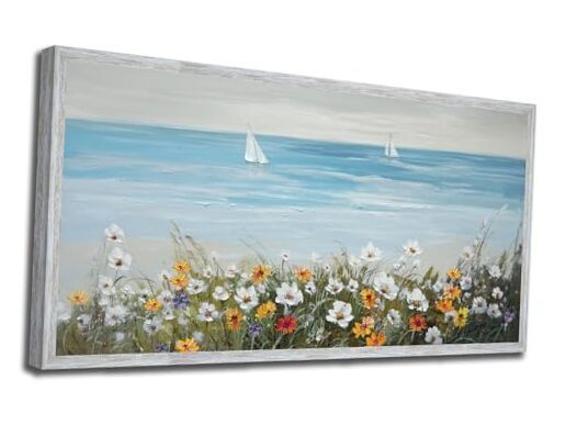 Blue Coastal Wall Art Ocean Canvas Flowers Daisy 48