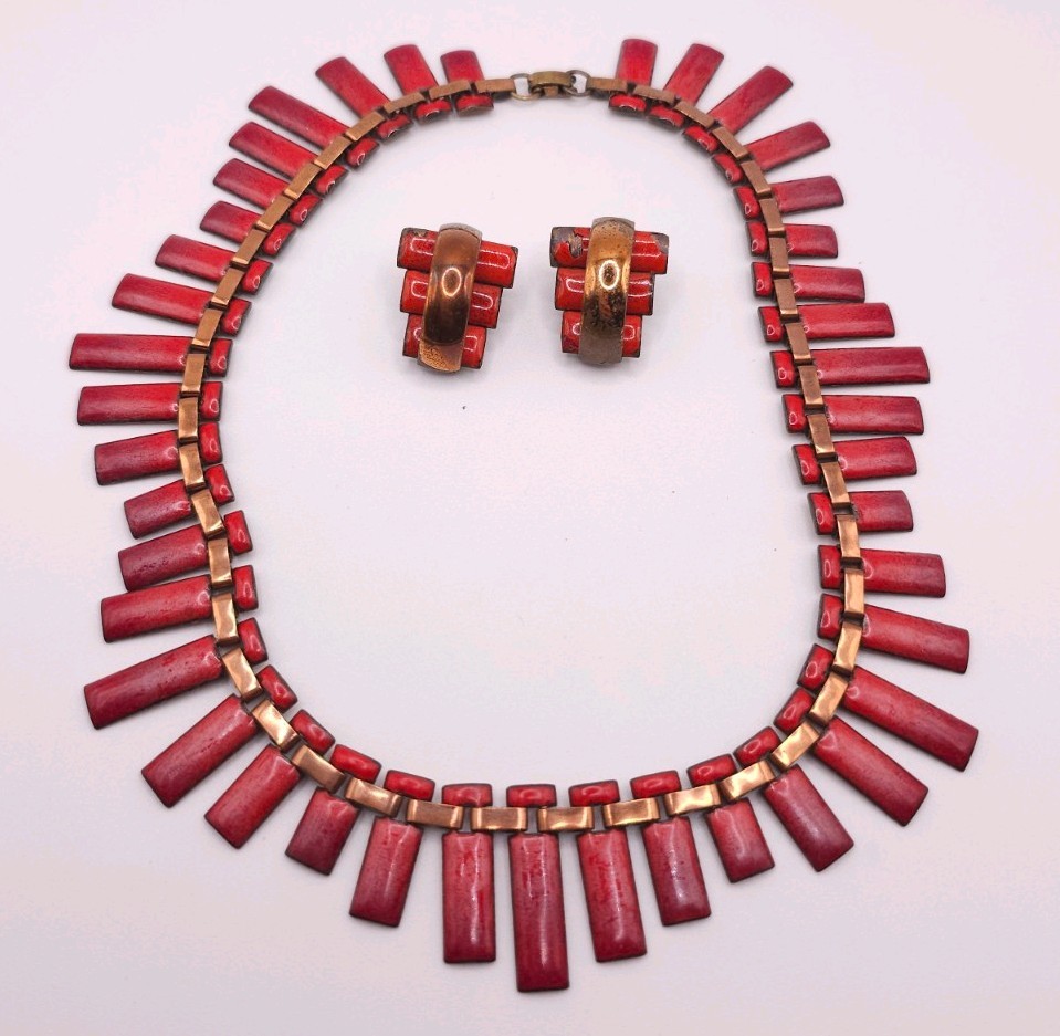 VTG Matisse Red Enamel Copper Statement Necklace Clip-on Earrings