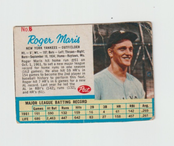 1962 POST CEREAL HAND CUT-ROGER MARIS #6 F-G (Stats for the year he hit 61)