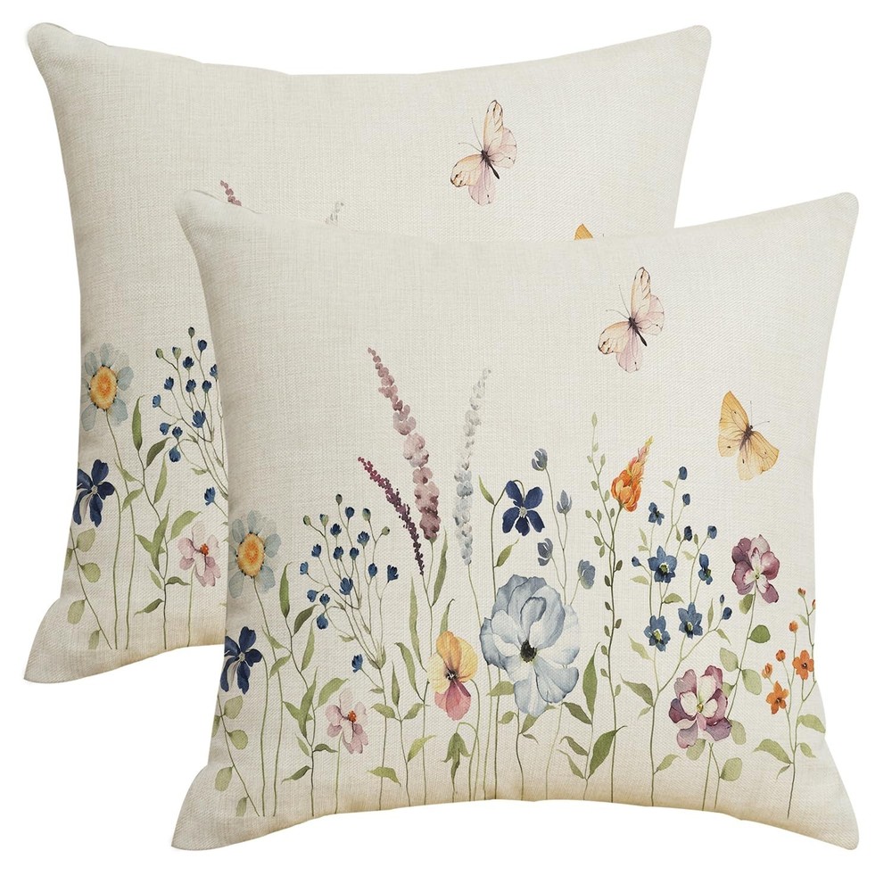 Spring Summer Floral Leaf Pillow Covers 18x18 Inch Set of 2 Wild Flowers Herb...