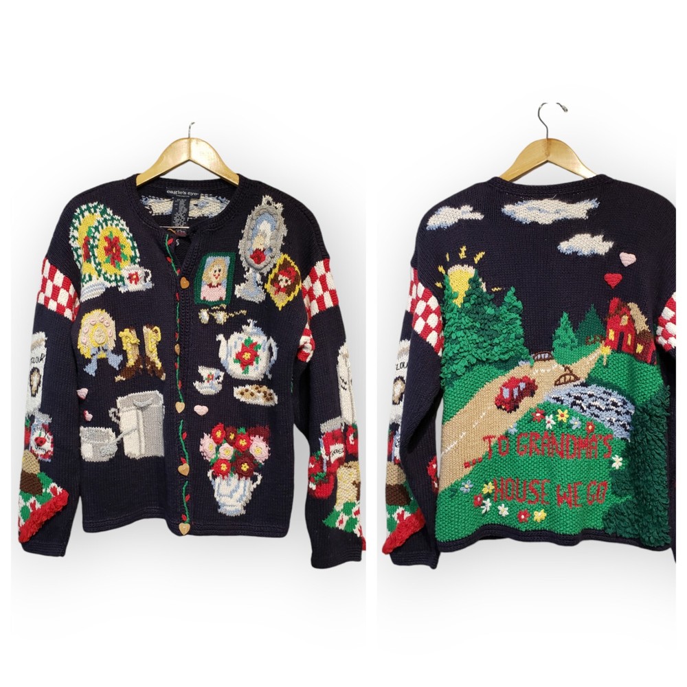 Vintage Eagle's Eye Holiday XMAS Cardigan Sweater Sz M Grannycore Cottagecore