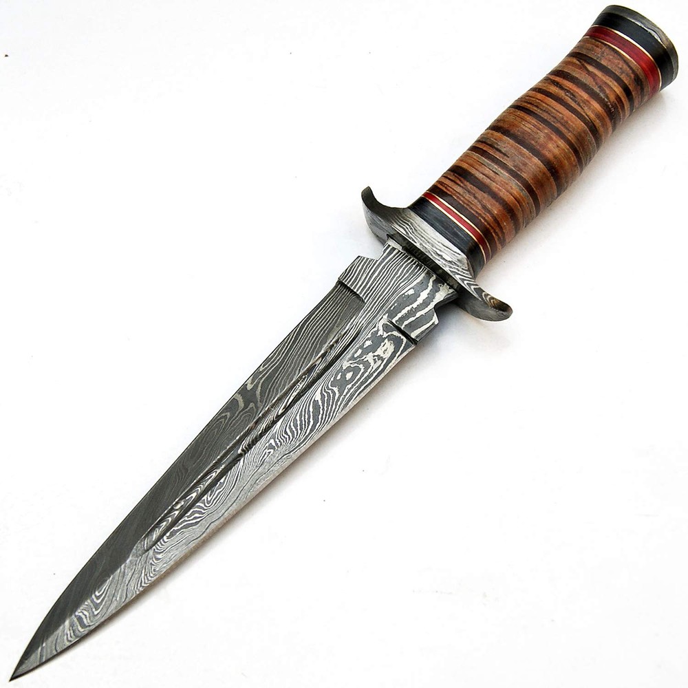 Handmade Damascus Steel 8-Inch Fixed Blade Hunting Knife with 5-Inch Leather Sheath