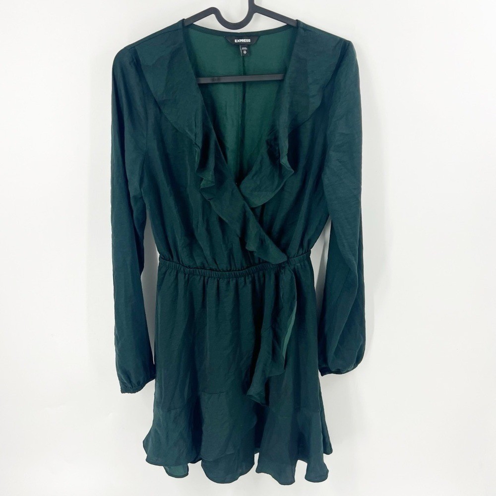 ✅ EXPRESS GREEN FAUX WRAP DRESS WITH RUFFLE SIZE X-SMALL LONG SLEEVE