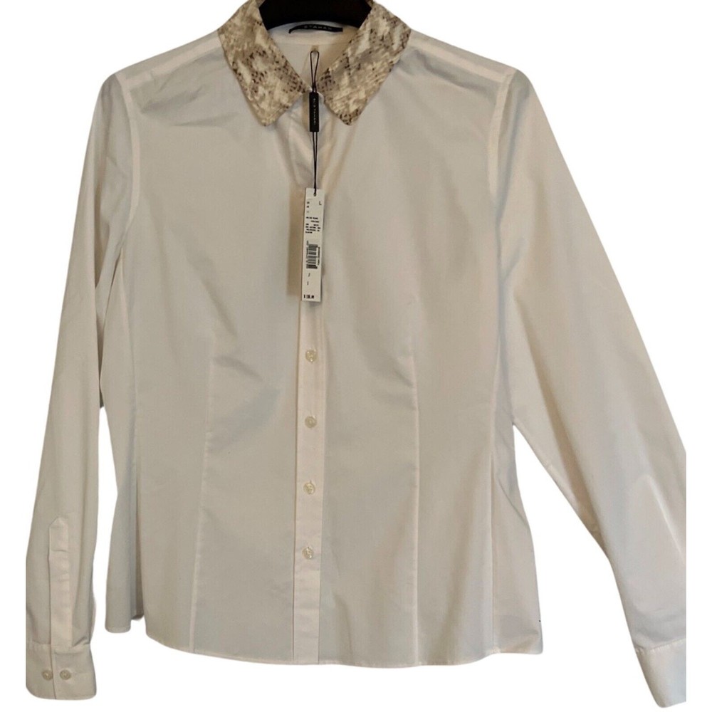 Elie Tahari Top Womens Size L White Long Sleeve Button Front Animal Print NEW