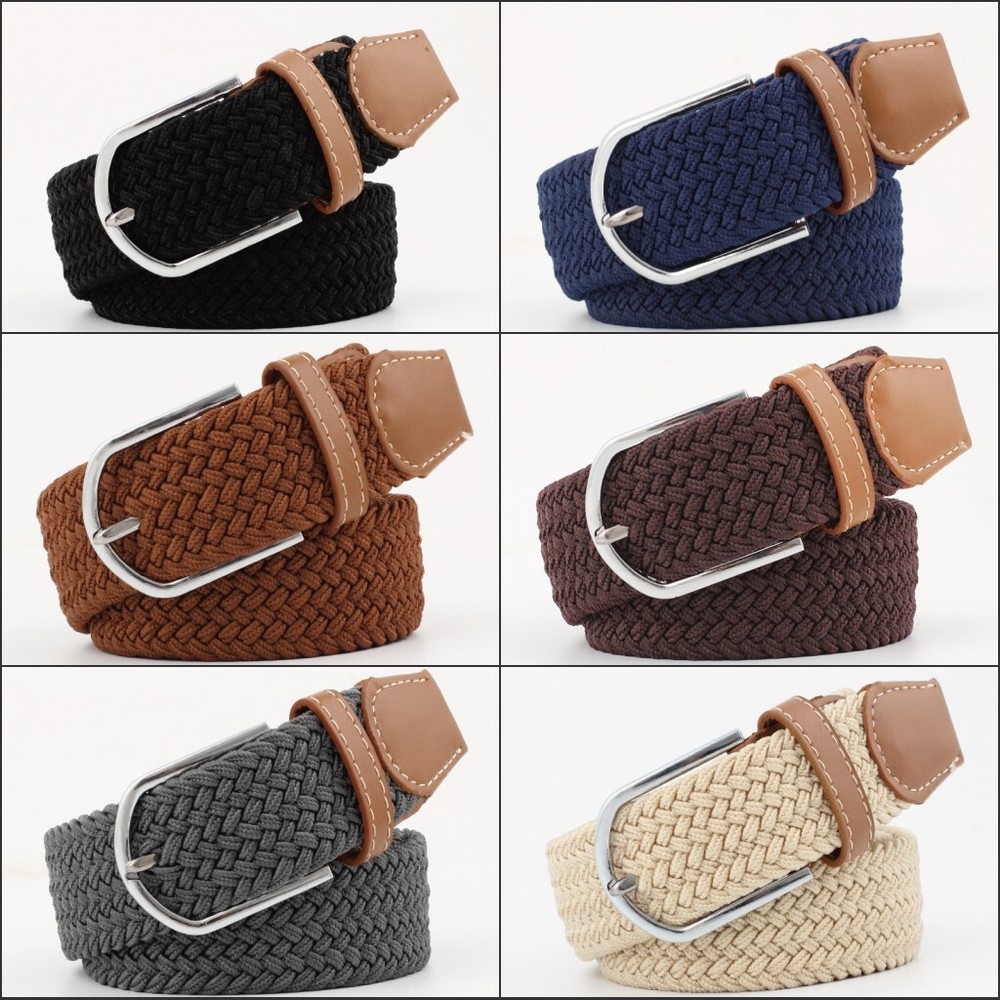 Hot Men's Women's Leather Covered Buckle Woven Elastic Stretch Belt 1-1/4