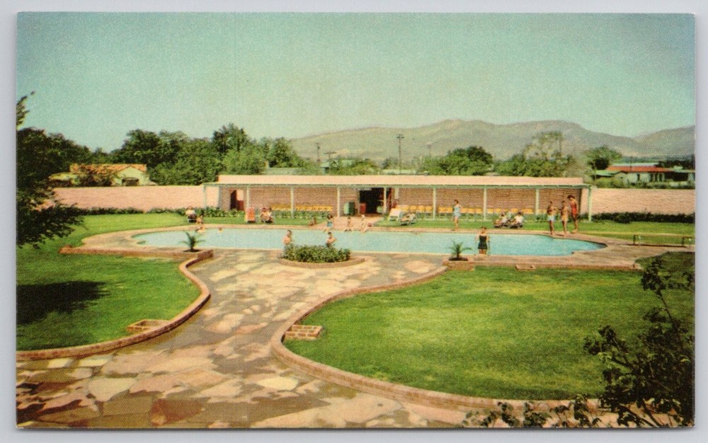 Del Camino Courts El Paso Texas Swimming Pool Chrome Postcard Franklin Mountains